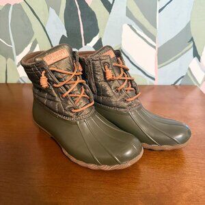Olive Green Sperry Saltwater Shiny Quilted Rain Boot